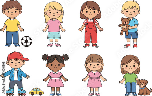 Set of Diverse Child Characters with Hobbies Including Soccer, Roller Skating, and Pets for Early Childhood Education and Lifestyle Illustration