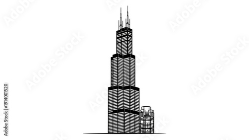 Black and white silhouette of a modern skyscraper.
