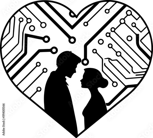 Romantic Couple Silhouette in Circuit Board Heart Symbolizing Digital Love and Technology Connection