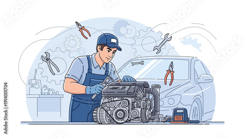 Mechanic repairing car engine in workshop