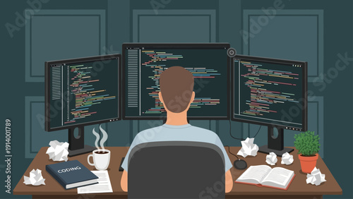 A developer working intently on code at multiple computer screens.