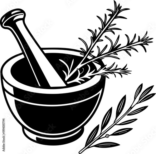 Mortar and Pestle with Rosemary and Herbs Black and White Vector Icon for Apothecary or Cooking