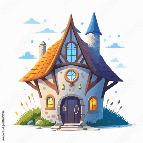 Charming fairytale cottage with a whimsical pointy blue roof and cobblestone path