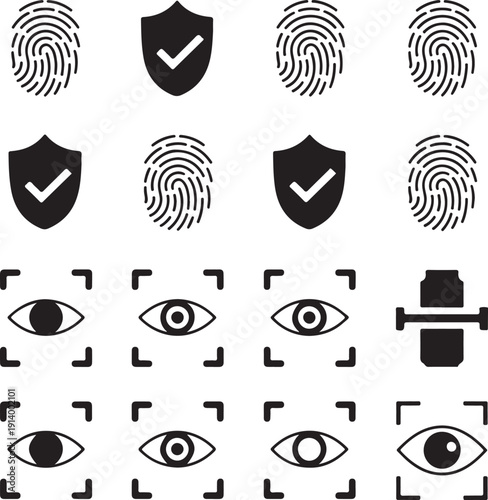 security icons with fingerprint shield and eye symbols