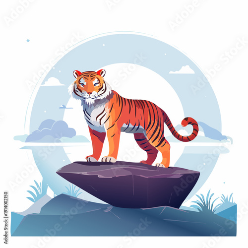 Majestic Tiger Standing Proudly on a Rocky Outcrop Under a Serene Sky