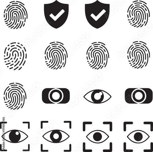 security icons with fingerprints and eyes on white background