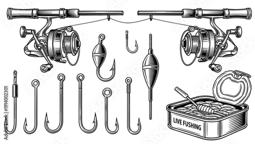 Collection of fishing equipment and bait.