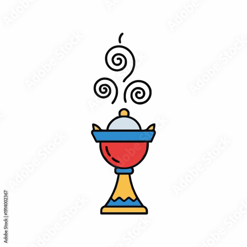 Red and Yellow Incense Burner with Blue Lid Emitting Swirling Smoke Isolated on White Background