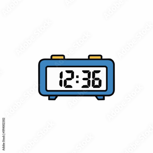 Blue digital alarm clock showing time 12:36 with yellow accents on white background isolated
