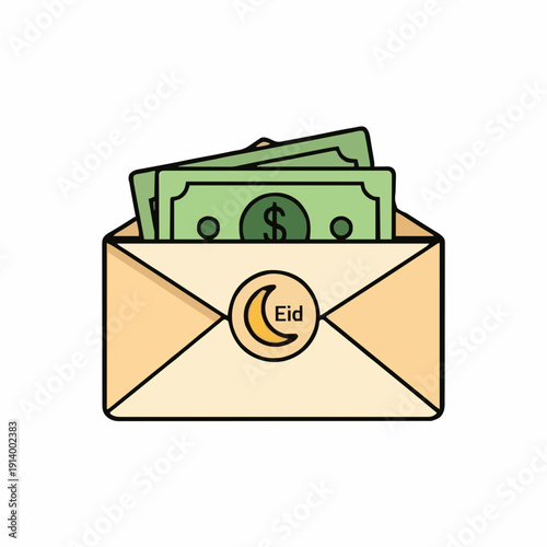 Yellow Envelope Filled With Green Dollar Bills And A Crescent Moon Eid Symbol On A White Background