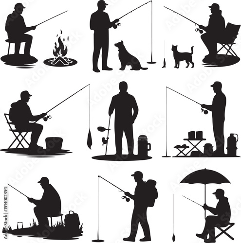 Silhouette of people fishing in various poses and settings  outdoor activities