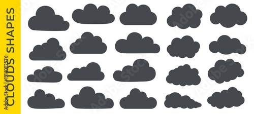Abstract vector cloud silhouette collection in cute flat cartoon style. Weather element symbol or text box. Cloud flack black silhouette set. Puffy simple outlines. Airy empty cloudlet for text