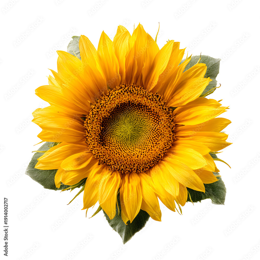 Obraz premium Bright yellow sunflower with green leaves isolated on transparent background vibrant natural beauty blooming summer flora close up detailed center fresh petals