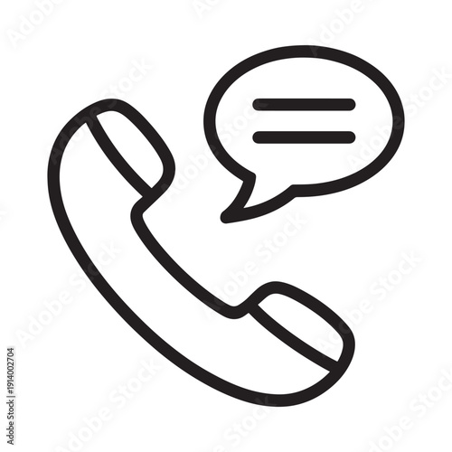 Simple black and white line drawing of a telephone handset with speech bubble