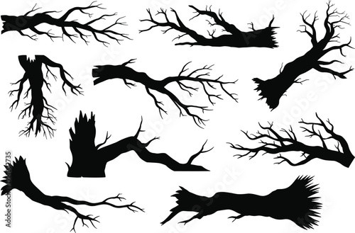 Dead tree branches silhouettes collection nature wood forest isolated black illustration design elements set
