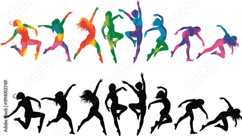 Dance silhouettes collection colorful dancers movement energy fitness sport illustration set