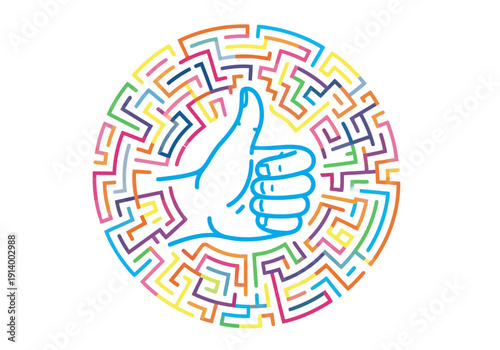 Vibrant maze with thumbs up symbol in center