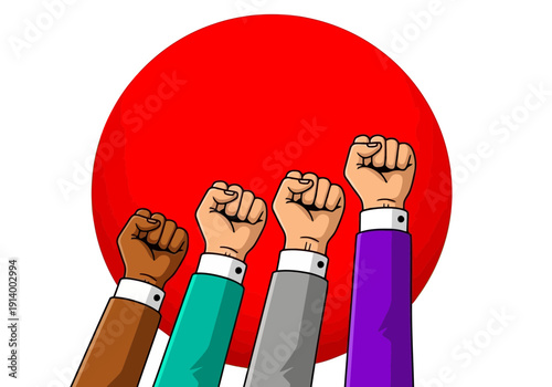 Diverse group of people showing solidarity with raised fists