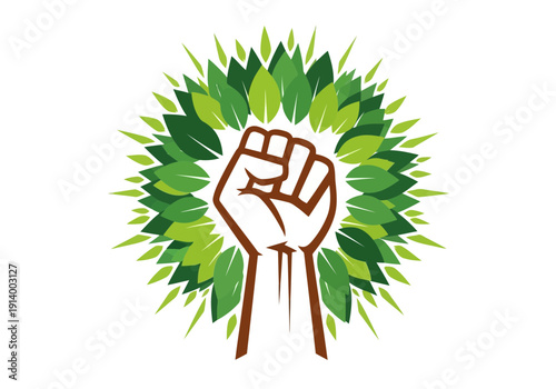 Empowering green movement with raised fist and leaves