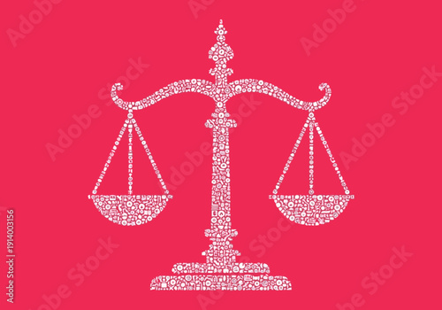 Scales of justice made of tiny icons on red background