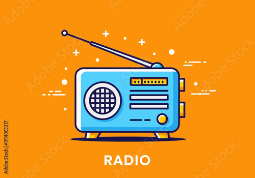 Vintage style radio with antenna on bright orange background