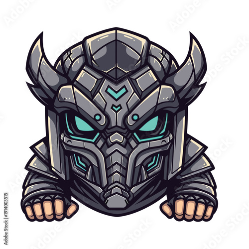 Futuristic Mecha Warrior Mascot Logo. Detailed Sci-Fi Robot Head with Horns and Glowing Cyan Eyes. E-sports Gaming Vector Illustration.
