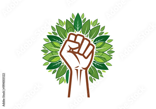 Empowering green movement with raised fist and leaves symbol