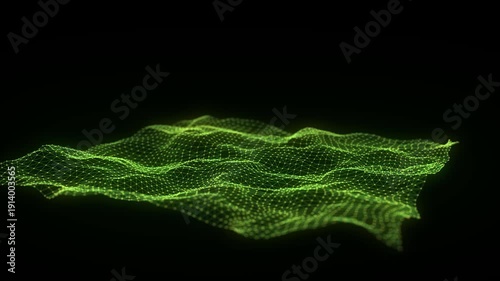Digital technology wave. Dark cyberspace with green motion dots and lines. Futuristic digital background. Big data analytics. 3d rendering.