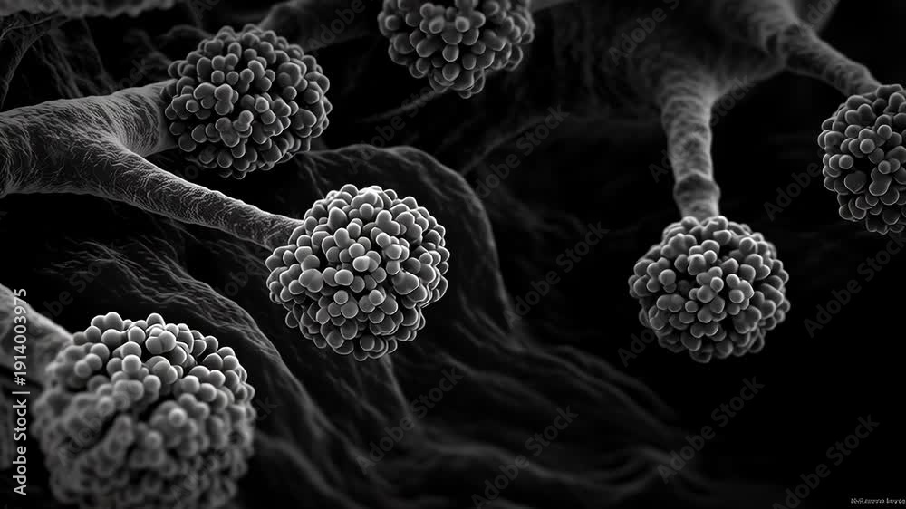 Microbiology fungus mold spore black white closeup macro infection ...