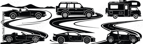 Black and white of cars and camper on winding roads