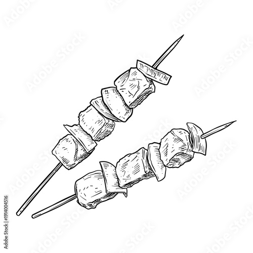 grilled meat and vegetable skewers vector line art hand drawn illustration