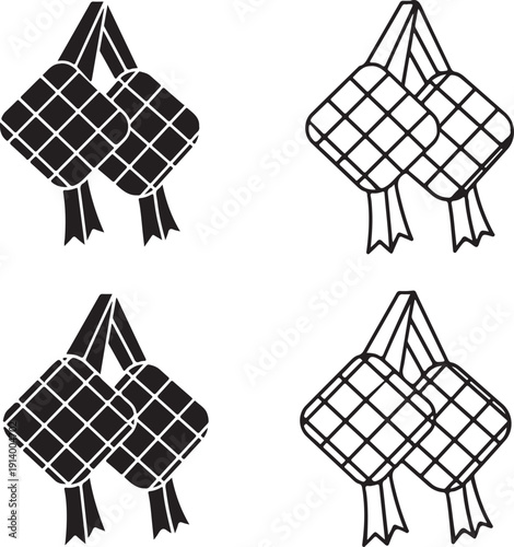 Islamic Ketupat Icon Set for Ramadan and Eid Mubarak Decoration in Flat and Line Art Style