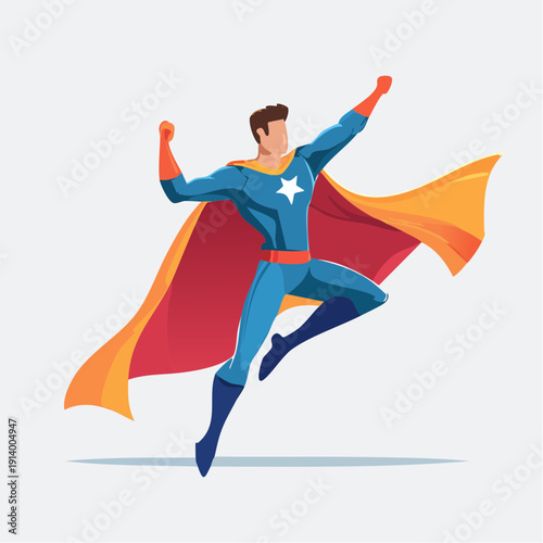 Super hero flying with cape and star emblem, triumphant pose, dynamic illustration
