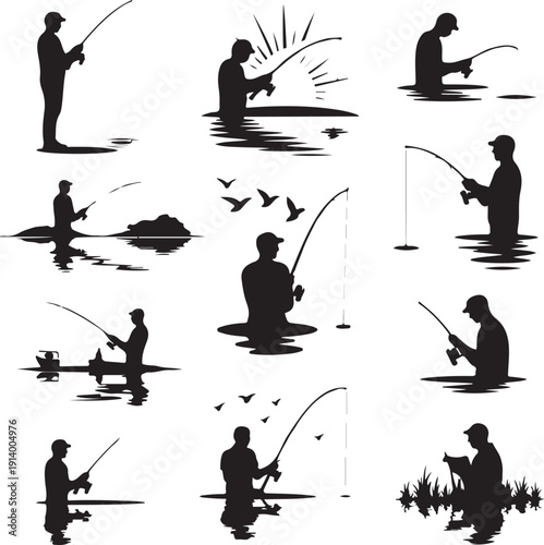 set of silhouettes of men fishing in various positions on water