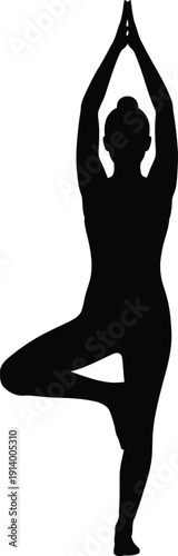 A person practicing yoga in a tree pose with arms raised overhead