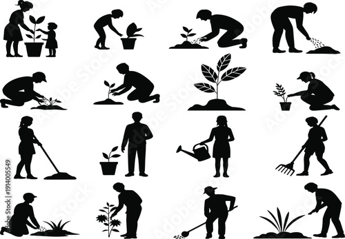 Collection of black silhouettes depicting people gardening planting watering and raking
