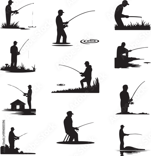 Silhouette of people fishing in various poses and environments  recreational fishing