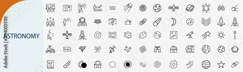 Astronomy and space exploration icons set, outline symbols for galaxy planets stars telescope science cosmos and universe vector illustration