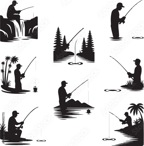 silhouette of people fishing in various serene natural environments with trees and plants