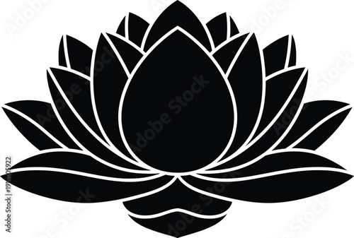 A simple black lotus flower illustration on a white background.