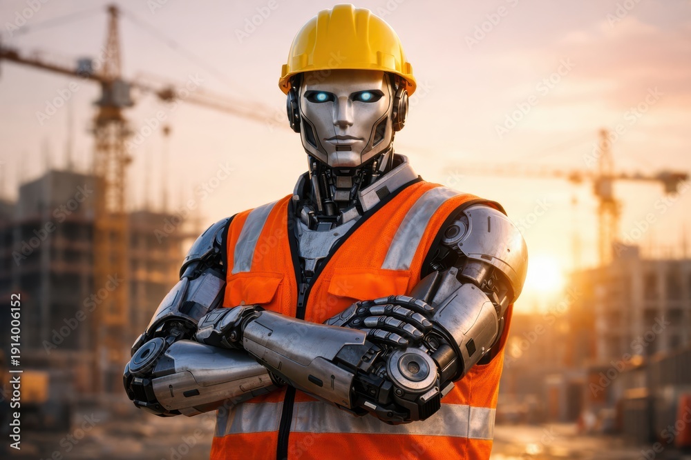 Fototapeta premium Construction Robot in the Making: A futuristic construction robot, donned in work attire with a yellow hard hat and orange safety vest, stands confidently on a construction site.
