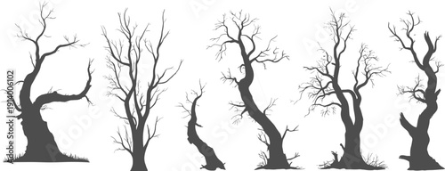 Collection of dark grey silhouettes of bare, gnarled, and twisted deciduous trees on a white background