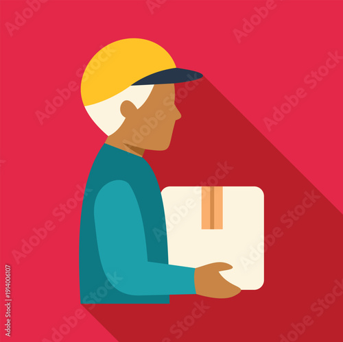 Delivery man wearing cap carrying a shipping package for courier service
