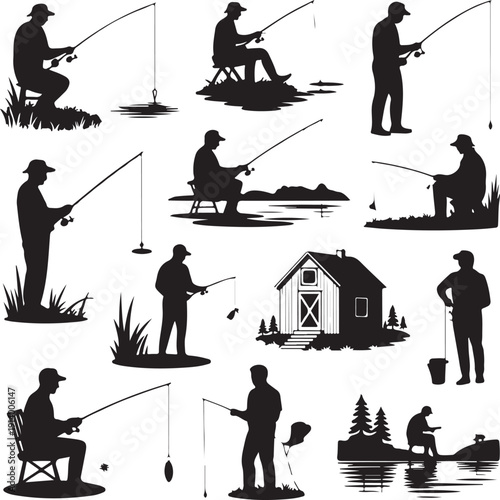 Silhouette of people fishing in various poses and locations outdoors