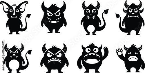 Black vector silhouette set of cute monsters for concepts of Halloween fantasy creatures spooky characters gaming mascots and childish branding,