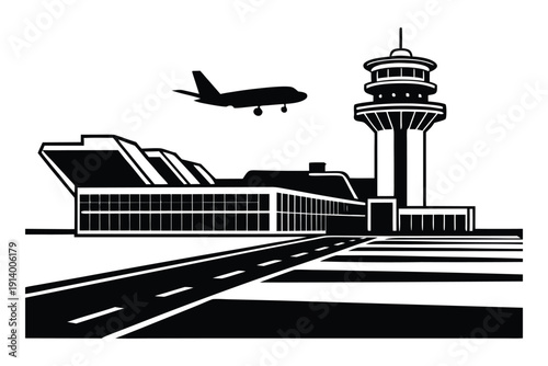 Airport Runway Silhouette with Airplane Takeoff