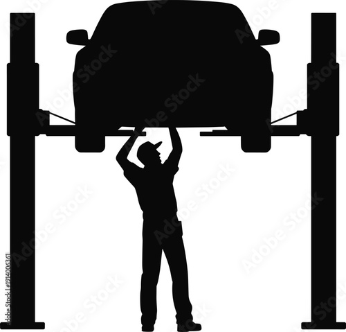Mechanic silhouette repairing car vehicle maintenance service workshop automobile technician illustration black isolated industrial engineering lift garage