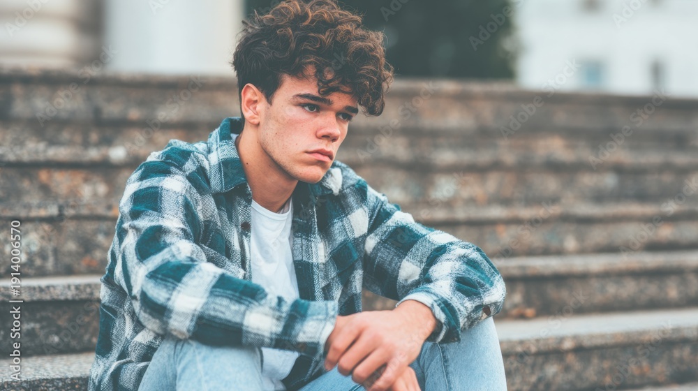 Fototapeta premium Young man sits on steps and looks thoughtful in an urban area during the day