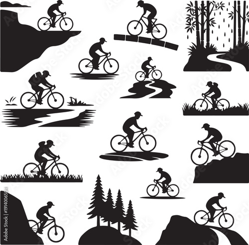 Silhouette of people riding bicycles on various terrains  roads trails and hills