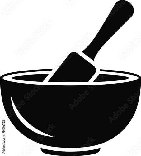 A simple black and white illustration of a mortar and pestle on a white background.